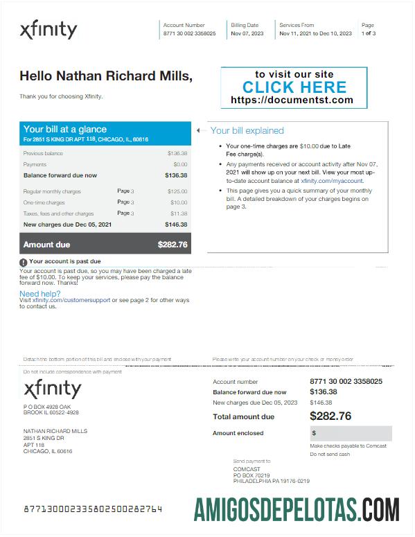 Em branco modelo Word e PDF de conta de serviços públicos XFINITY dos EUA